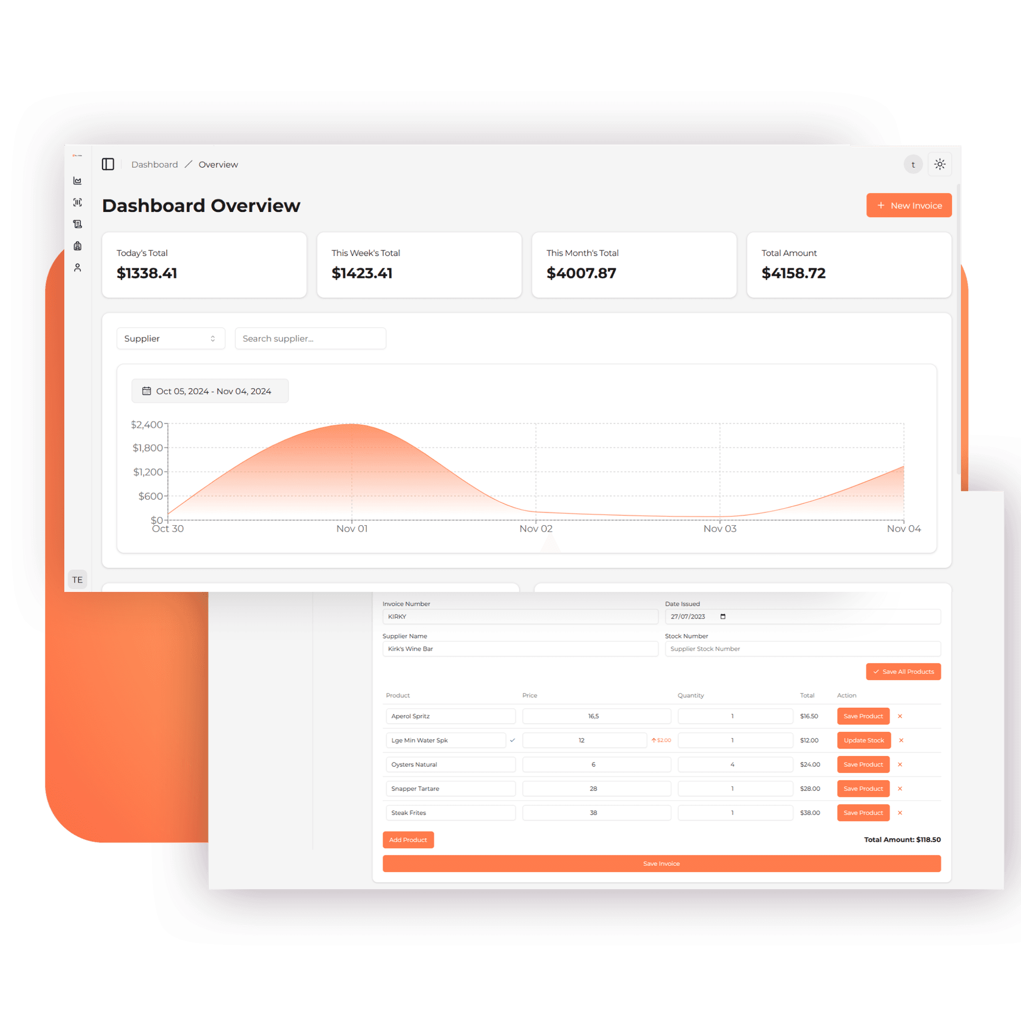 ScanMate app interface showing invoice scanning and inventory management